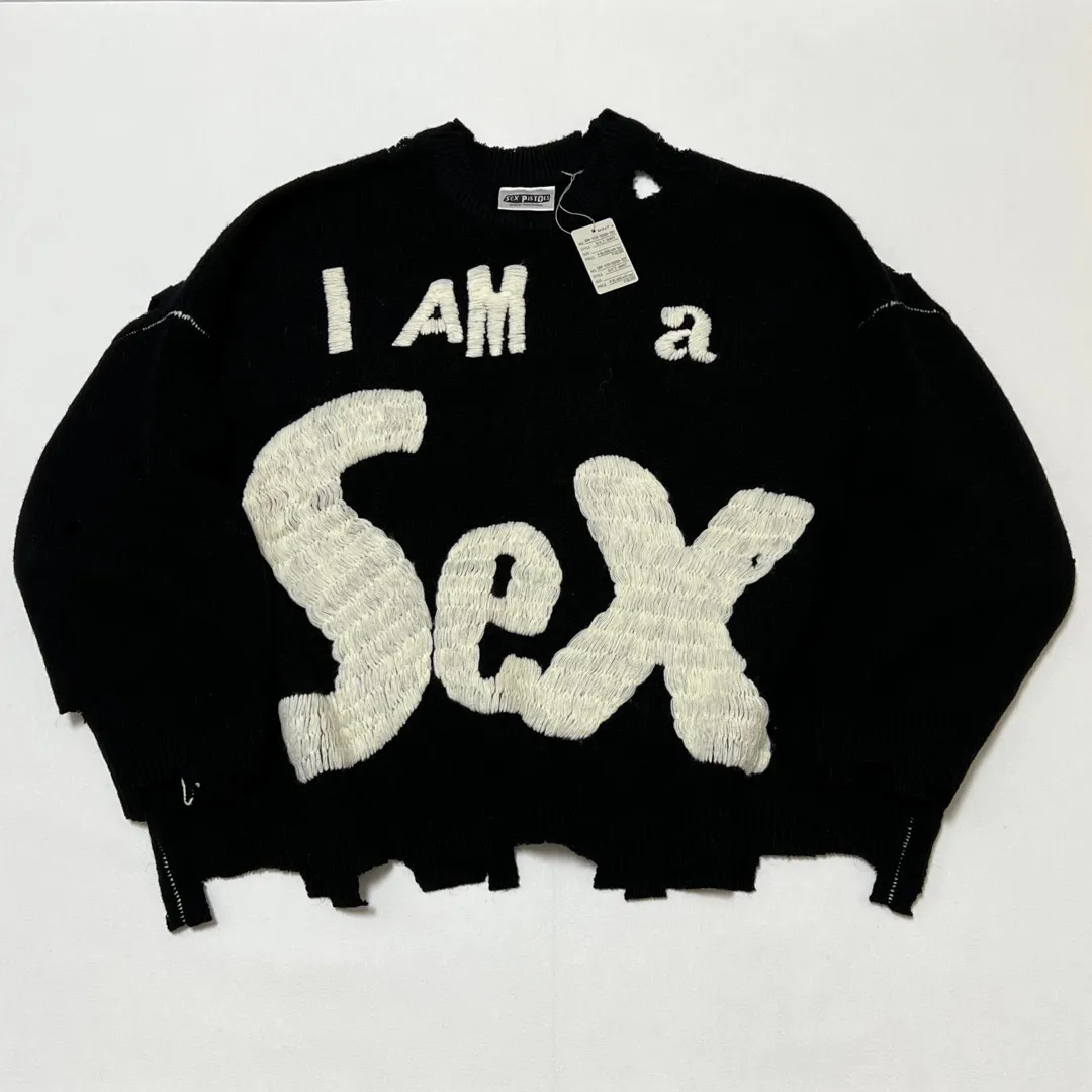 SAINT Mxxxxxx × Sex Pistols SP_CREW KNT/IAMA/BLK SEX PISTOLS band joint model destroyed hand-embroidered sweater, black S-XL, original 85% wool/15% polyester fiber blend, super complex front and rear panels, large-area hand-embroidery, hand-cut destruction treatment, custom-made correct joint main mark/wash mark